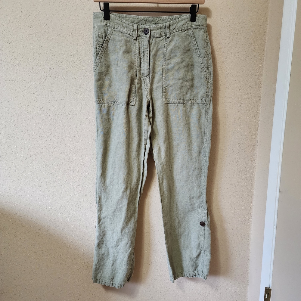 L.L. Bean 100% Linen Roll Tab Beige Straight Leg Casual Pants